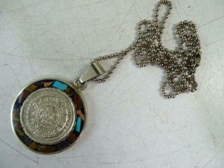 Vintage Sterling Silver Turquoise Aztec Calendar Necklace Pendant Tiger 