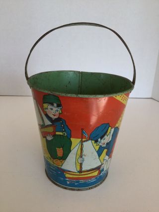 Vintage J.  Chein Tin Litho Sand Pail Children Playing In The Water