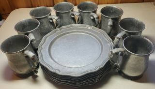 Vintage Crown Castle Ltd.  Pewter 8 Plates 8 Mugs Queen Anne Style