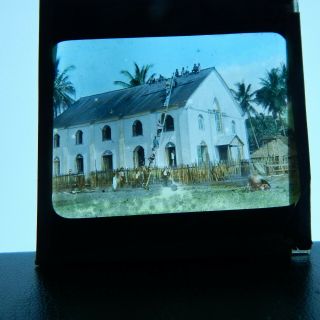 Colonial African chapel parishioners on roof magic lantern glass slide 2