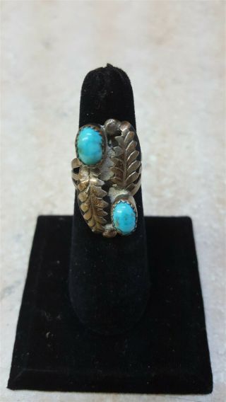 Size 6 Old Silver 2 Turquoise 2 Leaf Design Native American Indian Ring