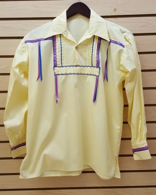 Homemade Medium Yellow Pleated Front Native American Indian Ribbon Dance Shirt