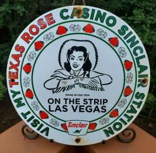 Old Vintage 1954 Dated Porcelain Sign Sinclair Vegas Texas Rose Casino Dino