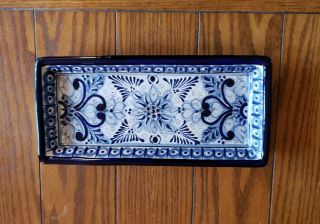 Vintage Del Carmen Pue Mexico Talavera Rectangular Tray Platter Blue & White