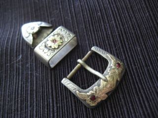 Vintage H.  S.  Means Sterling 10k Buckle Tip & Keeper Set For Watch Band - Rubies