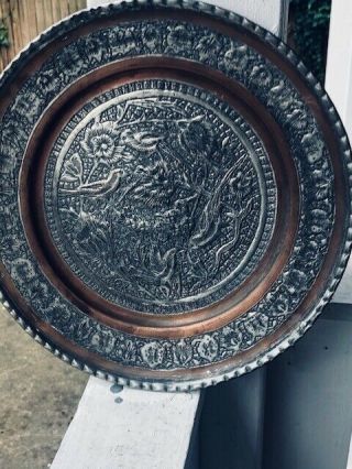 11 1/2 Middle Eastern Silver Tone And Copper Etched Tray Birds Foliage
