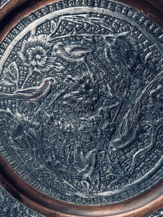 11 1/2 MIDDLE EASTERN SILVER TONE AND COPPER ETCHED TRAY BIRDS FOLIAGE 2