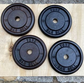4 Vintage York Barbell Plates 10lb Standard Cast Iron Weights 40lbs Total Vtg