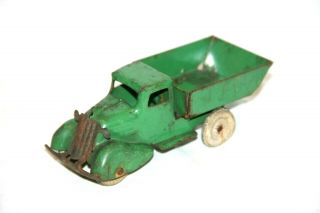 Vintage Pressed Steel 1930s Wyandott All Green Dump Truck Rubber Wheels.  Good