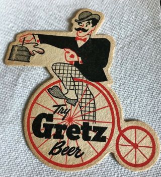 (vintage) Gretz Beer - Brewing Co Figural Man On Bicyle 4 " Inch Coaster Phila Pa