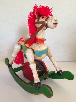 Vintage Christmas Miniature Wooden Toy Rocking Horse Wind Up Music Box Folk Art