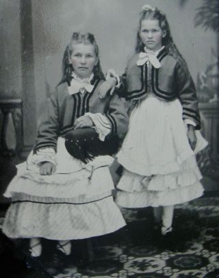 Tintype Photo 2 Young Women With Long Hair In Fancy Matching Outfits