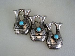 Vintage Glenn Sandoval Navajo Sterling Silver Turquoise Triple Wedding Vase Pin