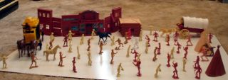 Vintage Wild West Playset Covered Wagon Stage Coach Plastic Figures Western