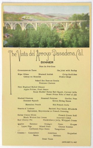 1927 Vintage Dinner Menu Card Vista Del Arroyo Hotel Pasadena Ca