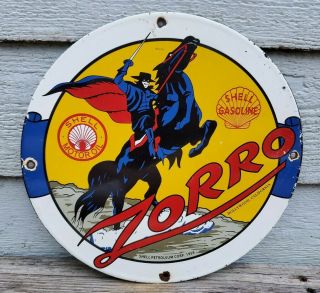 Vintage Shell Gasoline Porcelain Zorro Sign Motor Oil Gas Service Station 1959