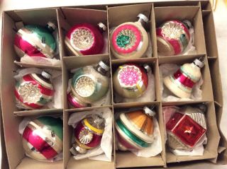 12 Vtg Shiny Brite Christmas Ornament Indents Ufo Bell Box