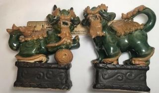 2 Vintage Chinese Ceramic Foo Dogs /guardians Ochre & Green Glaze