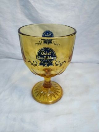 Vintage Pabst Blue Ribbon Beer Heavy Amber Glass Footed Goblet Blue Logo