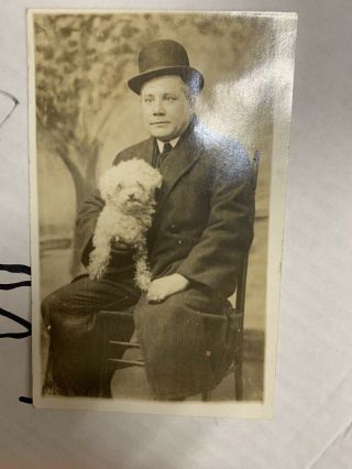 Rppc Real Photograph Postcard Man In Derby Hat With Dog