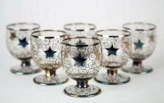 Vintage Crystal Sterling Silver Overlay Cordial Glasses Set Of 6 Star & Scroll