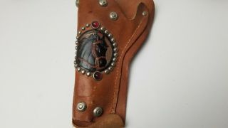 Vintage Western Cowboy Kids Toy Leather 2 Gun Holster,  Embossed w/Painted Horses 2