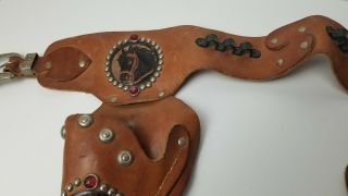 Vintage Western Cowboy Kids Toy Leather 2 Gun Holster,  Embossed w/Painted Horses 3