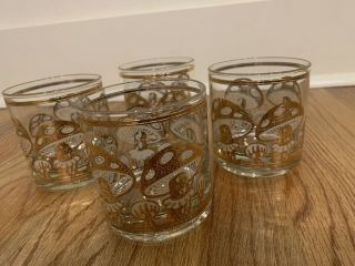Set Of 4 Vintage Culver 22k Gold & Enamel Mushroom 10 Oz Rocks Glasses - Trippy