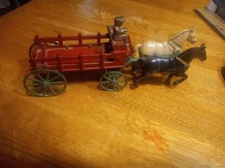 Vintage Cast Iron 2 Horse Fireman Wagon