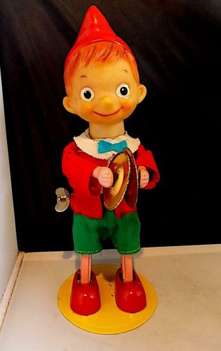 Vintage Tin & Plastic Clockwork Musical Pinocchio With Cymbals,  Made In Japan