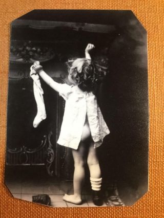 Little Girl Hanging Her Christmas Stocking On Christmas Eve Tintype C602rp