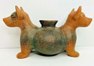 Pre Columbian Style Colima Mexican Double Headed Dog Effigy Pottery Vessel 11 "