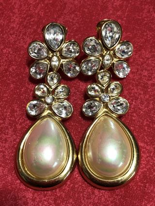 Vintage Christian Dior Faux Pearl & Rhinestone Clip On Earrings Gold Tone Dangle