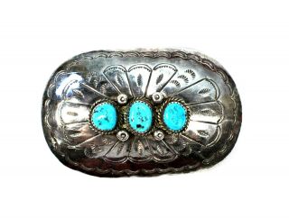 Vintage Navajo Chased Sterling Silver Belt Buckle W/ Turquoise