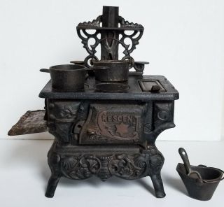 Vintage Toy Crescent Cast Iron Miniature Wood Cook Stove W/Accessories 2