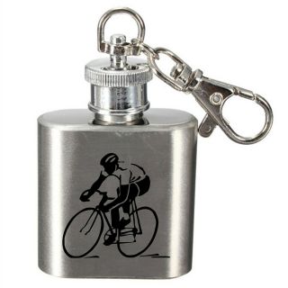 Laser Engraved 1oz Stainless Steel Hip Flask Key Ring With Cyclist Design