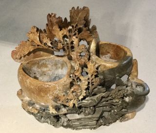 Fab Antique Hand Carved Soapstone Triple Vase Sculpture Figurine Flowers Bird