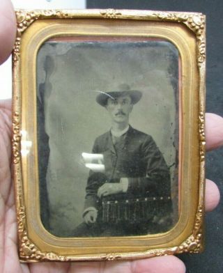 Tintype Of Seated Man With Hat - Approx 3.  5 X 4.  5 "  14