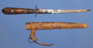 Antique Hand Made Knife Dagger With Wood/leather Scabbard