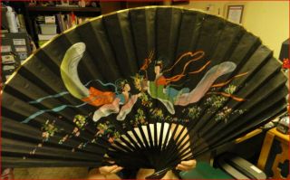 Very Large Oriental Theme Folding Fan.  Made In China With Paper Tags