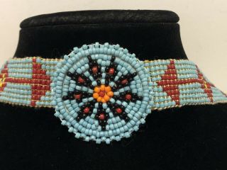 Vintage 20 " Native American Indian Seed Beaded Hat Band With Medallion