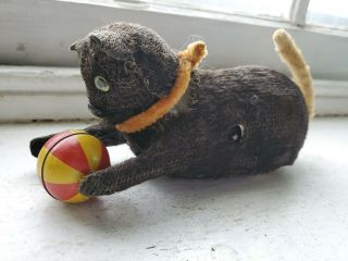 Vintage 40s - 50s Toy Japanese Keywind Mechanical Black Cat With Ball Halloween