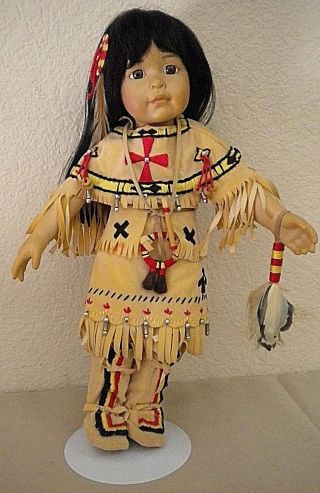 Native American Porcelain Doll.  13.  5 " Tall W/ Stand