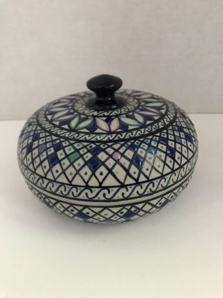 Javier Servin Mexico Art Pottery Jewelry / Trinket Box - Blue Pink Green Purple