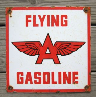 Flying A Gasoline Vintage Porcelain Enamel Gas Pump Plate Service Station Sign