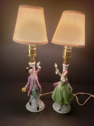 Vtg Ceramic Porcelain Man And Woman Hand Painted Victorian Figurine Lamps German