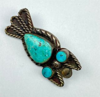 Vintage Native American Navajo Sterling Silver Turquoise Owl Brooch Pin 007 Nr
