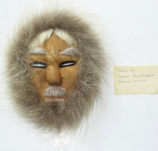 Vtg Eskimo Mask Hide & Fur — By Sarah Kunaknana / Barrow Alaska