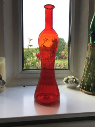 Red Hour Glass Vintage Mcm Italian Empoli Genie Bottle Decanter Glass