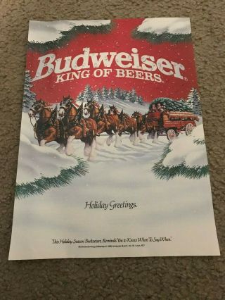 Vintage 1990 Budweiser Bud Beer Poster Print Ad Clydesdales " Holiday Greetings "